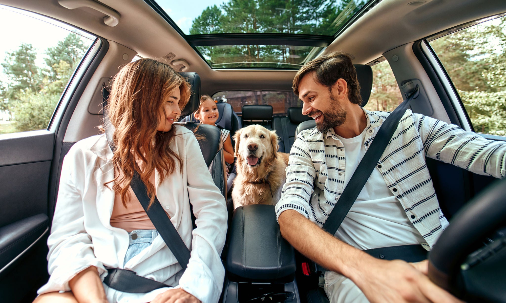 The whole family is driving for the weekend. Mom and Dad with their daughter and a Labrador dog are sitting in the car. Leisure, travel, tourism.