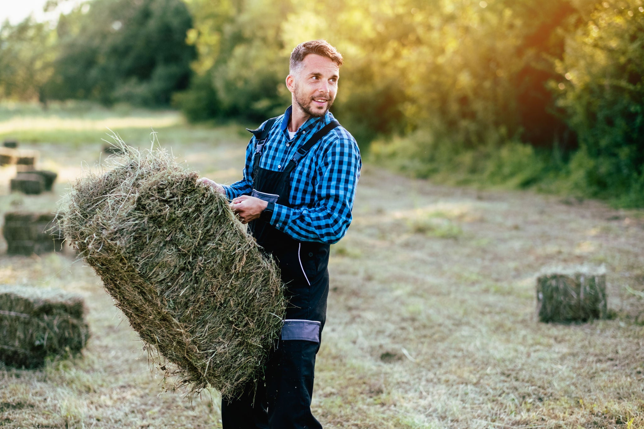 Young and happy farmer working in the field and holding bale of hay. Agriculture concept.